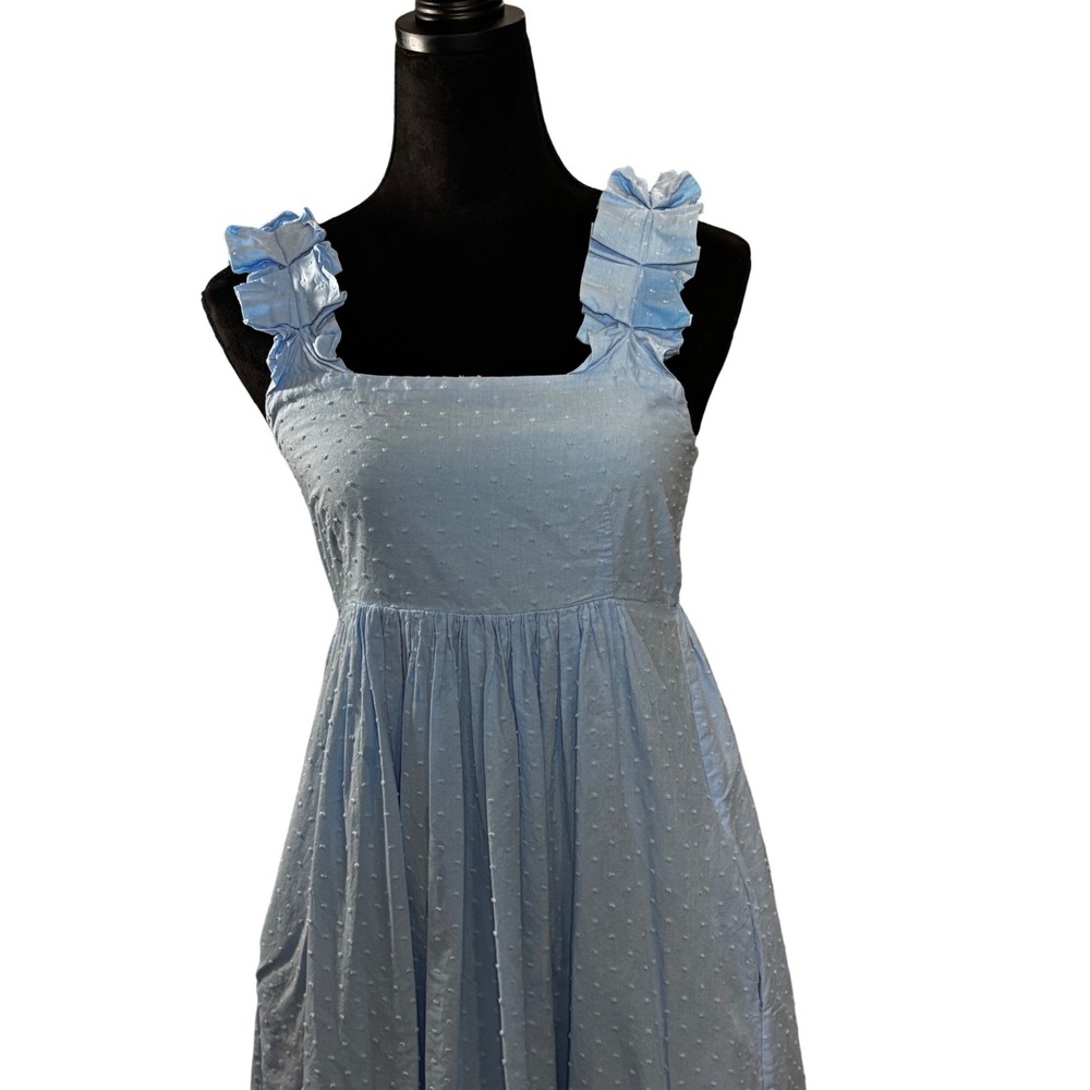 LAKE  Light Blue Swiss Dot Smocked Midi Dress Ruffle Strap‎ Square Neck - Picture 12 of 16